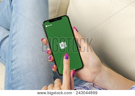 Sankt-petersburg, Russia, May 30, 2018: Microsoft Exel Application Icon On Apple Iphone X Screen Clo
