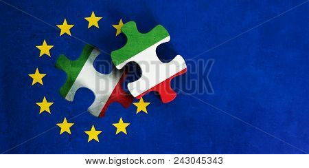 Italy And Eu Relations. European Union Flag With Italy Flag Puzzle Piece. 3D Illustration