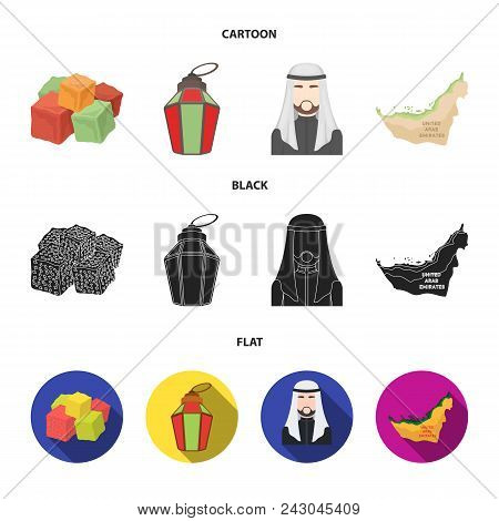 Eastern Sweets, Ramadan Lamp, Arab Sheikh, Territory.arab Emirates Set Collection Icons In Cartoon, 