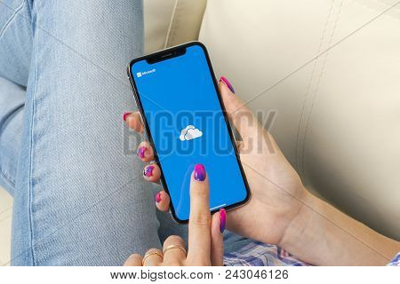 Sankt-petersburg, Russia, May 30, 2018: Microsoft Onedrive Application Icon On Apple Iphone X Screen