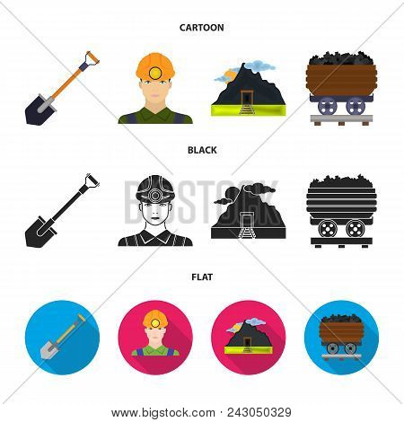 A Shovel, A Miner, An Entrance To A Mine, A Trolley With Coal.mine Set Collection Icons In Cartoon, 
