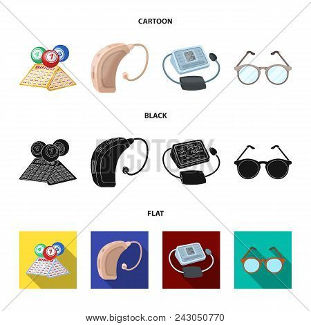 Lottery, Hearing Aid, Tonometer, Glasses.old Age Set Collection Icons In Cartoon, Black, Flat Style 