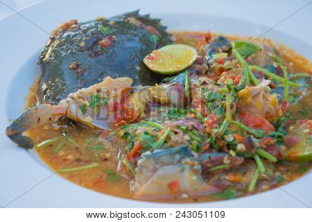 A Rawfood Of Fresh Roe Crab In Spicy Sauce Of Thai Recipe.