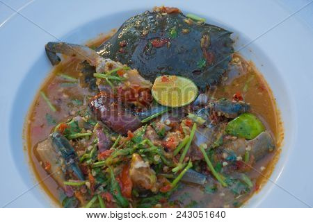 A Rawfood Of Fresh Roe Crab In Spicy Sauce Of Thai Recipe.