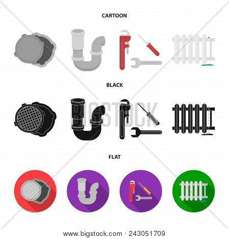 Sewage Hatch, Tool, Radiator.plumbing Set Collection Icons In Cartoon, Black, Flat Style Vector Symb