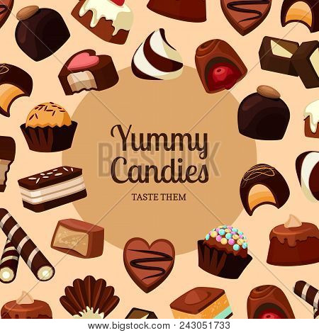 Banner And Postrer Vector Background With Place For Text And Cartoon Chocolate Candies Illustration