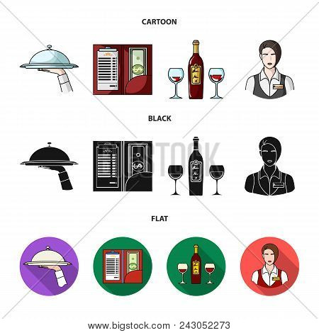 A Tray With A Cloth, Check And Cash, A Bottle Of Wine And Glasses, A Waitress With A Badge. Restaura