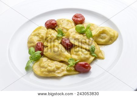 Pasta Dish, Shellfish Ravioli With Confit Datterini Tomatoes And Basil