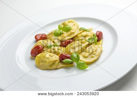 Pasta Dish, Shellfish Ravioli With Confit Datterini Tomatoes And Basil