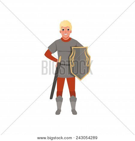 Medieval Warrior Character With Shield And Sword Vector Illustration Isolated On A White Background.