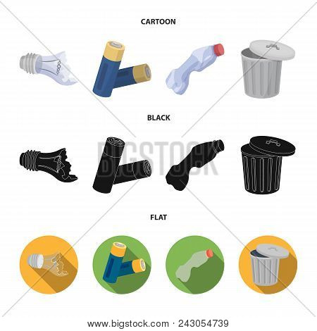 Broken Light Bulb, Used Batteries, Breaking A Plastic Bottle, Garbage Can With A Sign.garbage And Tr