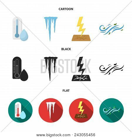 Humidity, Icicles, Thunderbolt, Windy Weather. Weather Set Collection Icons In Cartoon, Black, Flat 