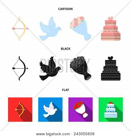 Arrow Cupid, Dove, Bouquet Of Flowers, Wedding Cake. Wedding Set Collection Icons In Cartoon, Black,