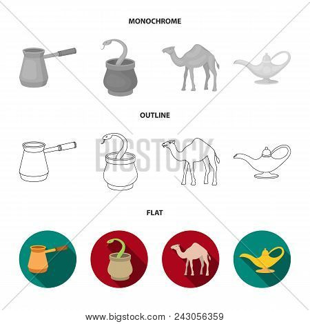 Cezve, Oil Lamp, Camel, Snake In The Basket.arab Emirates Set Collection Icons In Flat, Outline, Mon