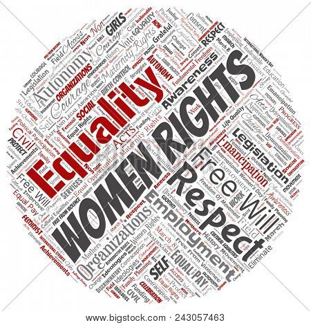 Conceptual women rights, equality, free-will round circle red word cloud isolated background. Collage of feminism, empowerment, integrity, opportunities, awareness, courage, education, respect concept