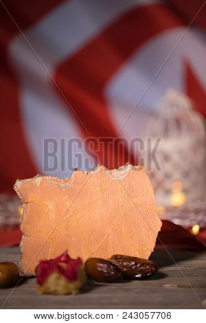 Free Space For A Text. Ramadan Background. Tunisian Flag. Closeup