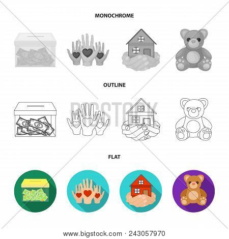 Boxing Glass With Donations, Hands With Hearts, House In Hands, Teddy Bear For Charity. Charity And 