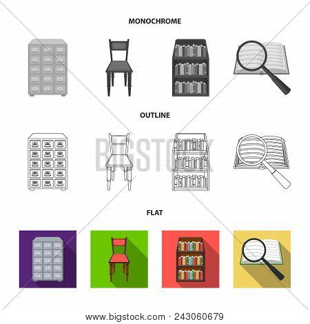 Cabinet With Filing Cabinet, Chair, Shelves, Information Search. Library And Bookstore Set Collectio