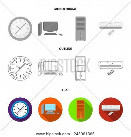Clock With Arrows, A Computer With Accessories For Work In The Office, A Cabinet For Storing Busines