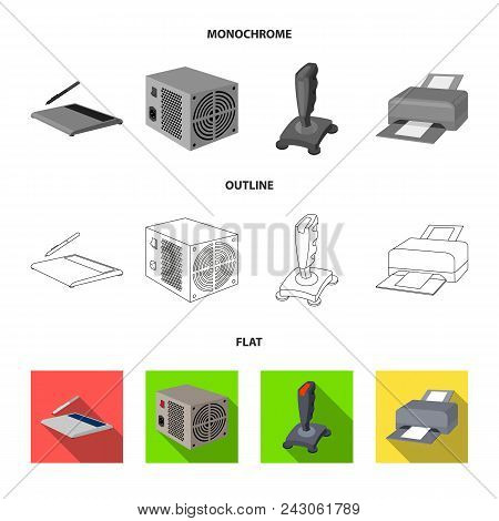 Power Unit, Dzhostik And Other Equipment. Personal Computer Set Collection Icons In Flat, Outline, M