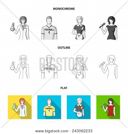 Woman Chemist, Football Player, Hotel Maid, Singer, Presenter.profession Set Collection Icons In Fla