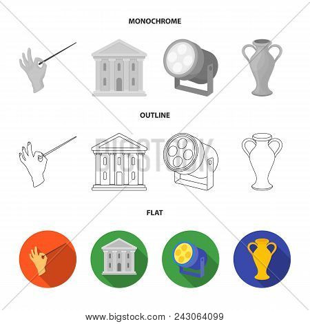 Conductor Baton, Theater Building, Searchlight, Amphora.theatre Set Collection Icons In Flat, Outlin