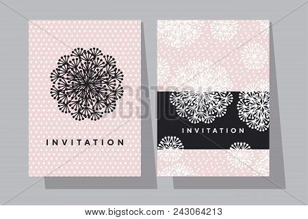 Pale Rose And Black Dandelion Flowers Card Template. Paris Style Abstract Floral Motif For Invitatio