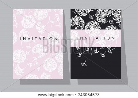 Pale Rose And Black Dandelion Flowers Card Template. Paris Style Abstract Floral Motif For Invitatio