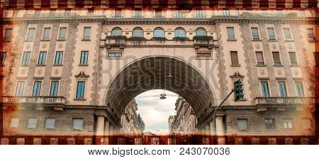 Old Photo With Traditional Milanese Buildings With An Impressive Arch