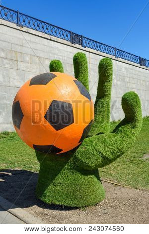 Yekaterinburg, Russia - May 23, 2018: Installation Of The Hand With Ball For World Cup On Historical