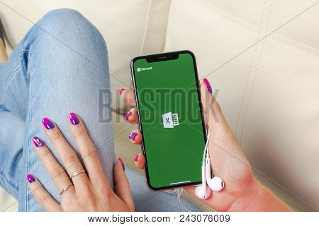 Sankt-petersburg, Russia, May 30, 2018: Microsoft Exel Application Icon On Apple Iphone X Screen Clo