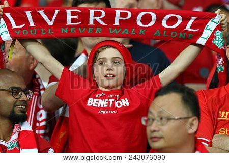 Kyiv, Ukraine - May 26, 2018: Young Liverpool Supporter Shows His Support During The Uefa Champions 