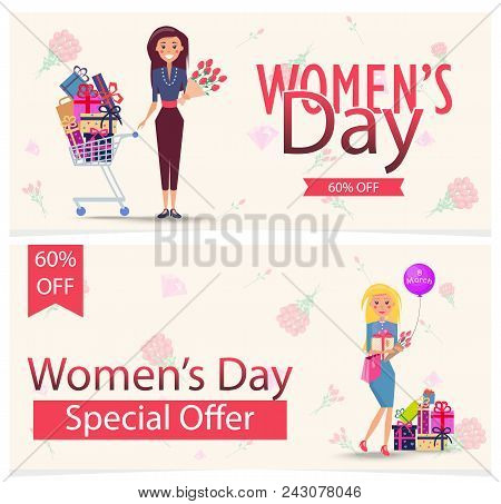 Womens Day Special Offer 60 Off Advertisement Poster. Woman With Cart Full Of Gifts And Girl With Bu