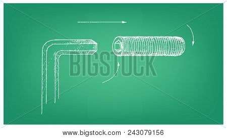 Manufacturing And Industry, Illustration Hand Drawn Sketch Of Set Screw. Used To Secure Gears, Pulle