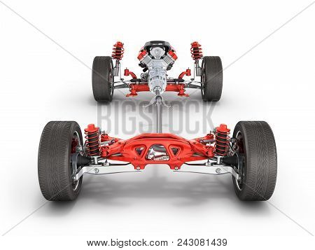 Suspension Of The Car With Wheel And Engine Undercarriage In Detail Isolated On White Background 3d