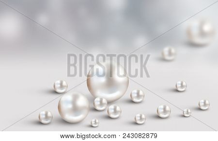 Wedding Pearl Background With Many Scattered White Shiny Nacreous Pearls Isolated On White And Blue 