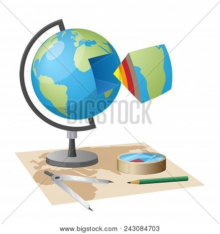 Globe Model And Separate Segment With Ground Layers, World Map, Metal Divider, Glass Compass And Woo