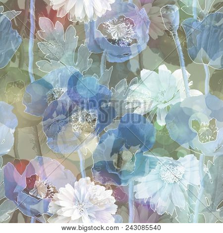 art vintage blurred colorful light watercolor and graphic floral seamless pattern with peonies, gerbera, grasses and leaves on white background. Double Exposure and Bokeh effect