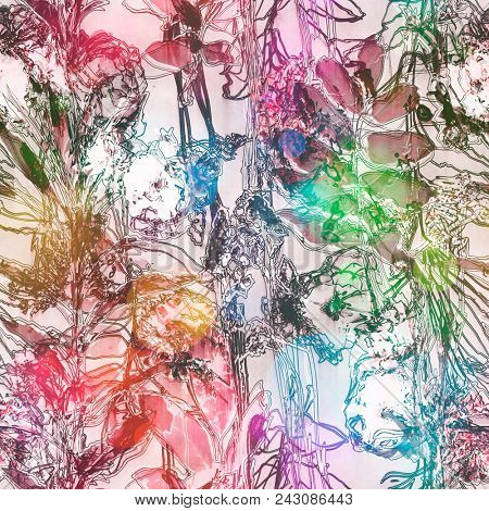 art vintage blurred colorful blue, red, white and black watercolor and graphic floral seamless pattern with peonies, gerbera, grasses and leaves on white background. Double Exposure and Bokeh effect