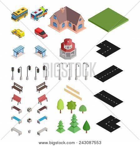 Large Isometric Selection Of Road And House And Cars Vector Stock