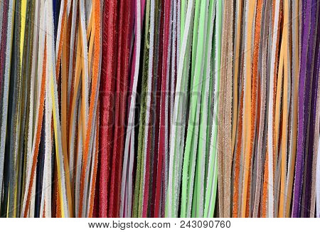 Background Of Many Colorful Leather Laces For Sale In The Tailor Shop And Leather Goods