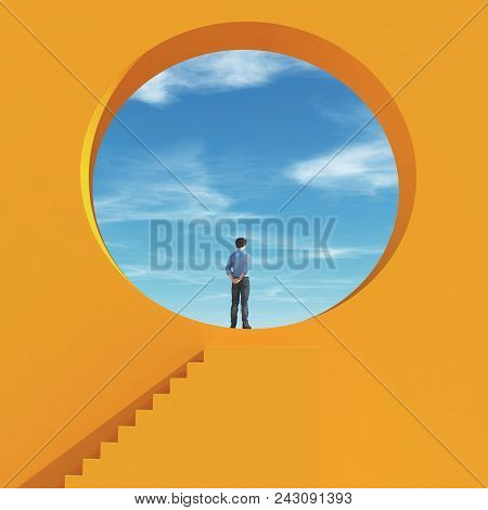 Man Was Looking Through A Hole In The Wall To The Sky. This Is A 3d Render Illustration
