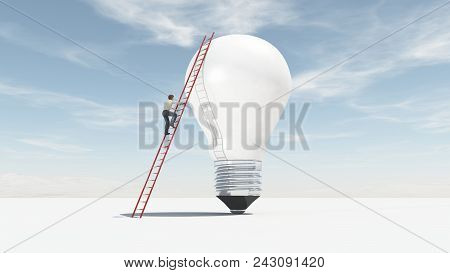 The Man Climbs On A Ladder Supported By A Big Bulb. The Concept Of Ascension. This Is A 3d Render Il