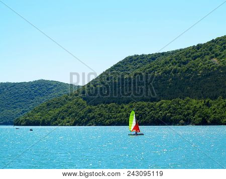 Abrau-durso - May 5, 2018: People Rest At The Mountain Lake Abrau. Abrau-durso, Krasnodar Region, Ru