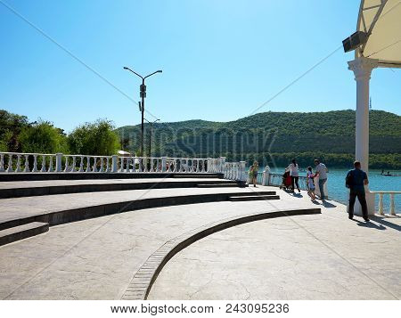 Abrau-durso - May 5, 2018: People Rest At The Mountain Lake Abrau. Abrau-durso, Krasnodar Region, Ru