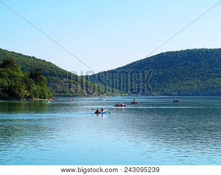 Abrau-durso - May 5, 2018: People Rest At The Mountain Lake Abrau. Abrau-durso, Krasnodar Region, Ru