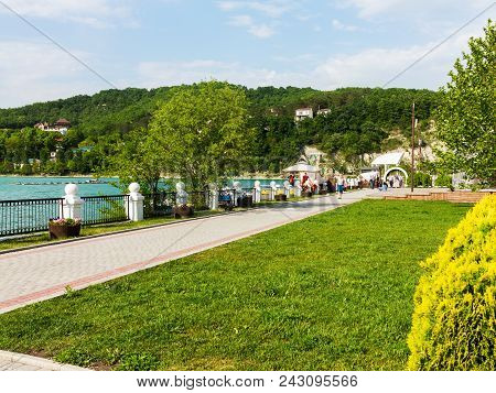 Abrau-durso - May 5, 2018: People Rest At The Mountain Lake Abrau. Abrau-durso, Krasnodar Region, Ru