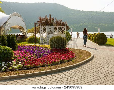 Abrau-durso - May 5, 2018: People Rest At The Mountain Lake Abrau. Abrau-durso, Krasnodar Region, Ru