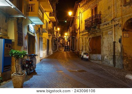 Stilo, Italy - June 10, 2017: Night Old Medieval Stilo Famos Calabria Village Street View, Southern 