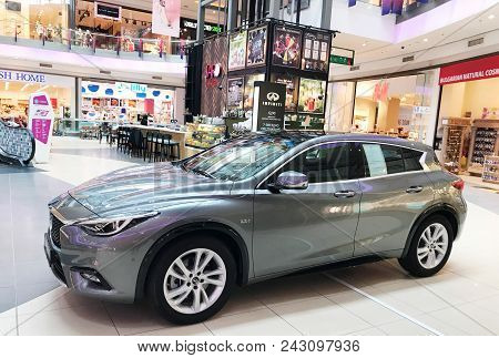 Burgas, Bulgaria - May 29, 2018: Infiniti Q30 Sport Compact Crossover For Sale At Mall Galleria Burg